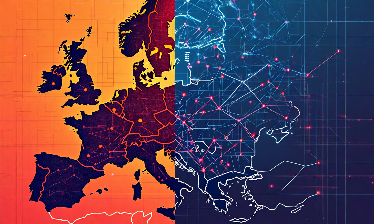 フラグメンテーションリスクと統一標準の対比を示す図。左側は複数のヨーロッパ企業が独立した標準を推し進める場合の混乱状況を、赤とオレンジの絡み合ったネットワークラインで表現。右側は統一標準による効率化を、青色の整理されたデータフローで表現。両者の相互運用性の重要性の違いを視覚的に強調している。