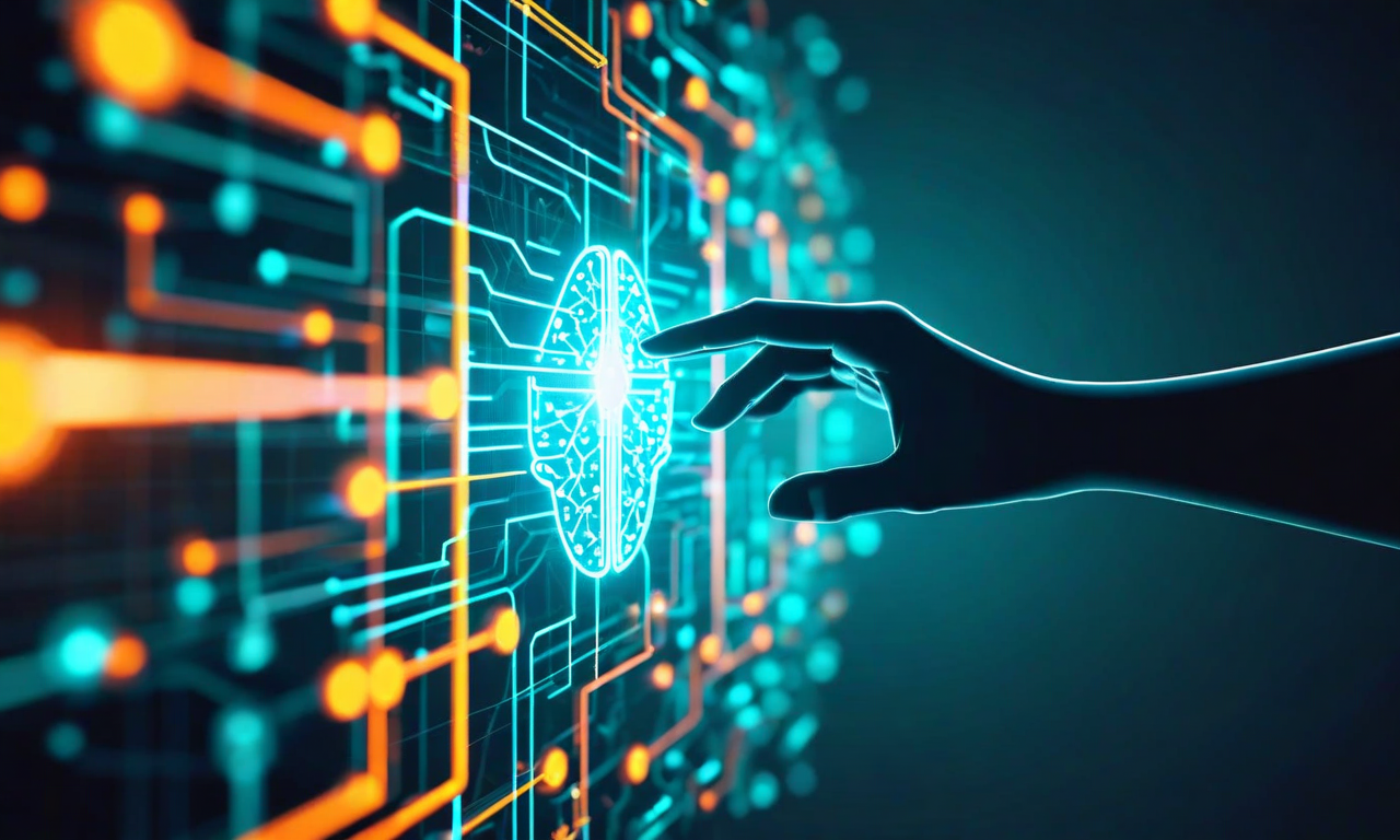 Conceptual illustration of AI neural network pathways converging at a human decision checkpoint, symbolizing human oversight in artificial intelligence systems with glowing circuits and human silhouette