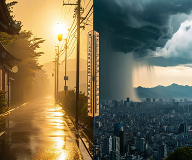 Split composition showing extreme weather contrast in Japan: intense heat with bright sun and heat haze over a southwestern city on the left, and heavy rainfall with dark storm clouds over northeastern mountains on the right