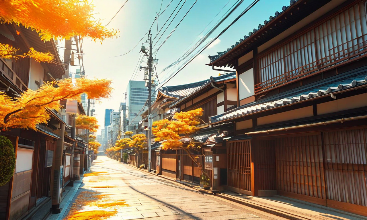Japanese urban landscape with visible heat waves and shimmering air distortion under intense sunlight, depicting extreme summer heat conditions across city buildings and empty streets