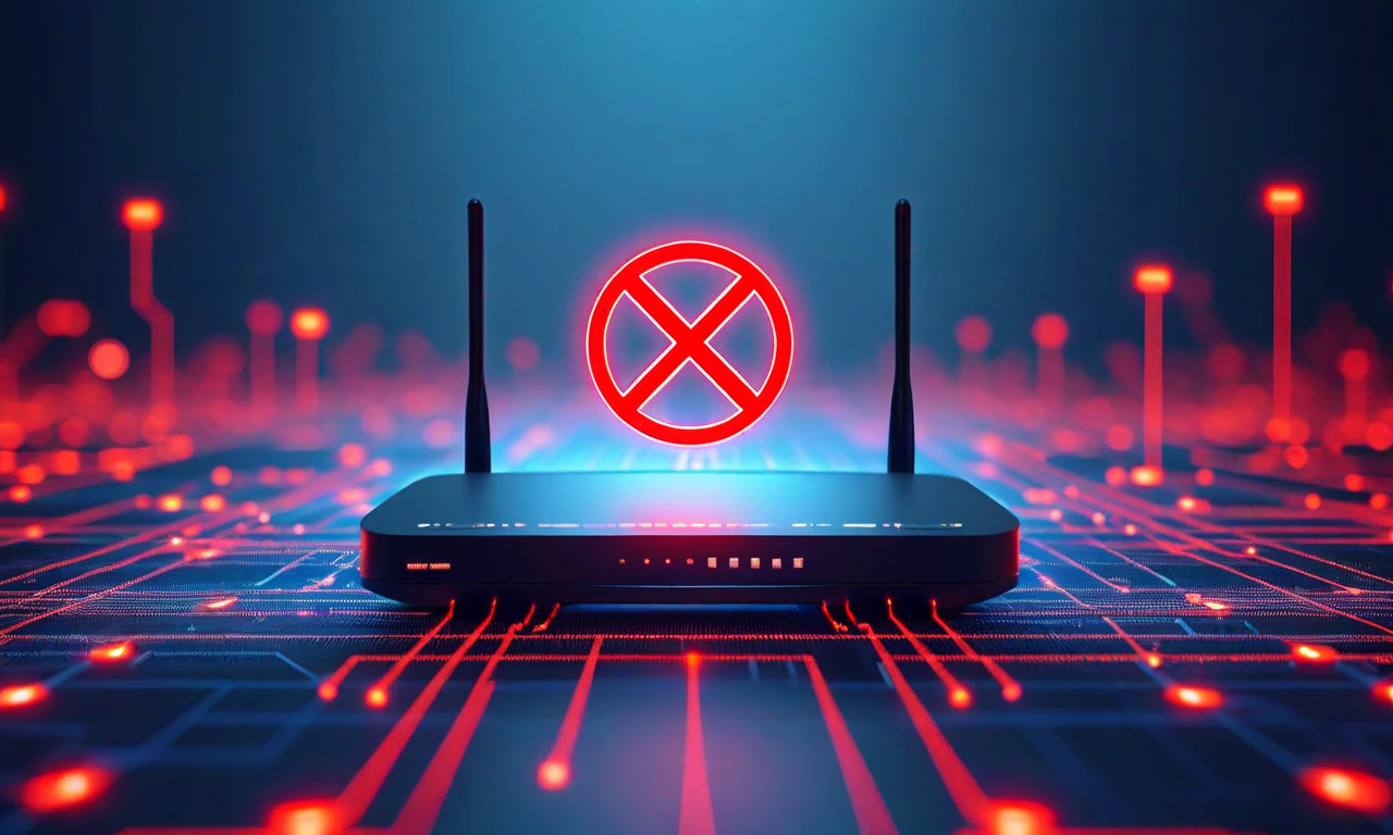 A wireless router with a prohibition symbol overlay, surrounded by digital network lines and security icons, representing FCC restrictions on router imports for national security reasons