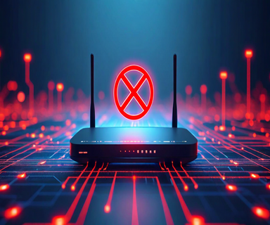 A wireless router with a prohibition symbol overlay, surrounded by digital network lines and security icons, representing FCC restrictions on router imports for national security reasons