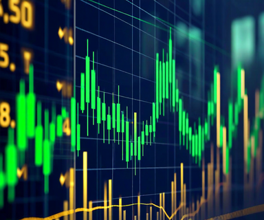 Upward trending stock market chart with green candlesticks against a dark background, featuring abstract representations of rising interest rates and Federal Reserve policy elements, symbolizing the relationship between rate hikes and equity market rallies