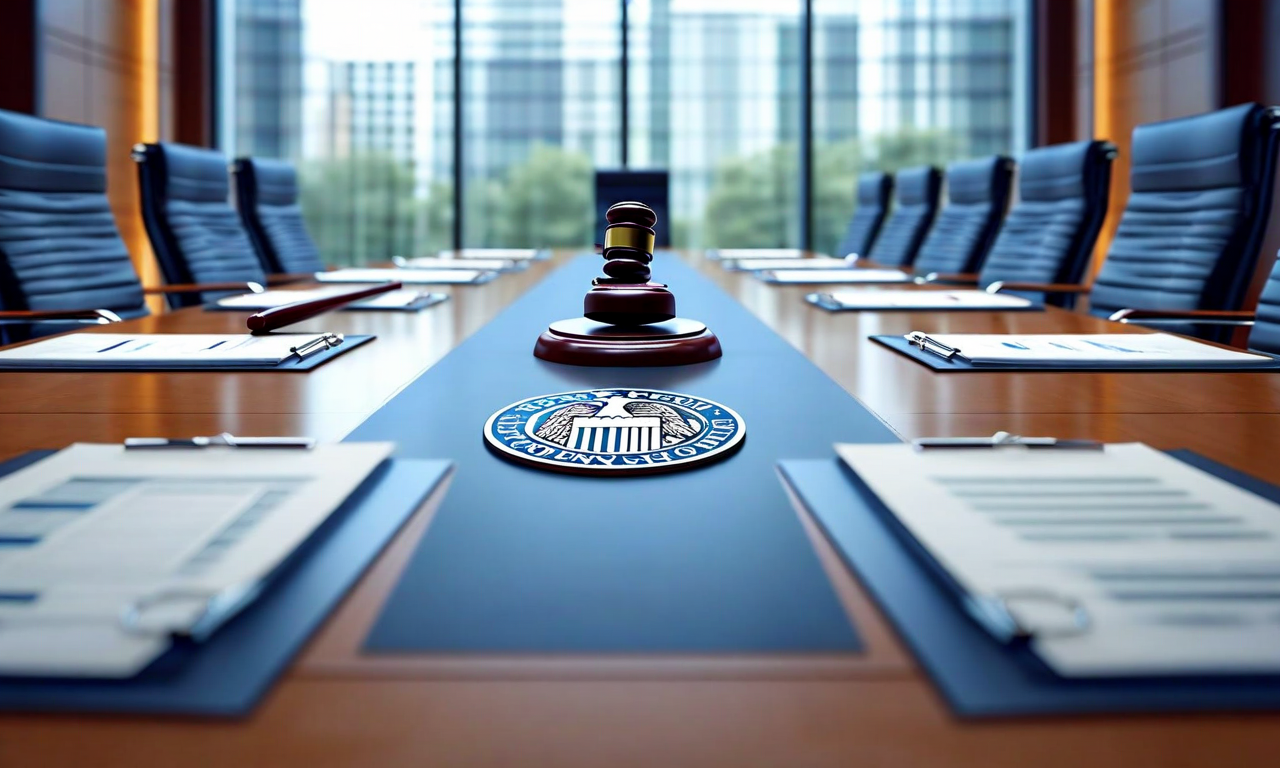 Overhead view of a modern conference table with seven chairs arranged around it, representing the Federal Reserve's Insurance Policy Advisory Committee, with the Federal Reserve seal visible in the center, conveying professional governance and institutional authority