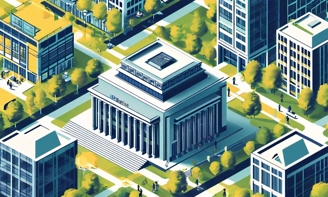 銀行機関と地域社会の相互関係を表現したイラスト。中央の銀行建物から、小規模企業、住宅地、教育機関、公共スペースなどのコミュニティ要素へ向かう流線と橋が伸びている。デジタルインターフェースを通じた金融アクセス、コミュニティ開発プロジェクト、多様な背景を持つ人々の協働が視覚化されている。信頼と成長を象徴する暖色系と緑色のパレットが使用されており、経済成長、社会的責任、持続可能な開発を表すアイコンが組み込まれている。