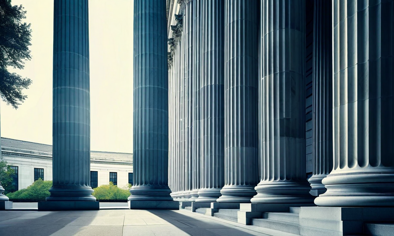 Federal Reserve building columns with semi-transparent regulatory documents, representing bank holding company application approval process and financial oversight
