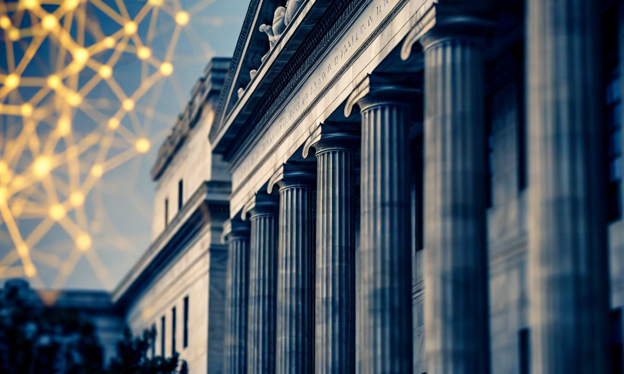 Federal Reserve building facade with architectural columns, overlaid with subtle geometric network patterns representing the organizational structure of the 12 Federal Reserve Banks and their governance hierarchy