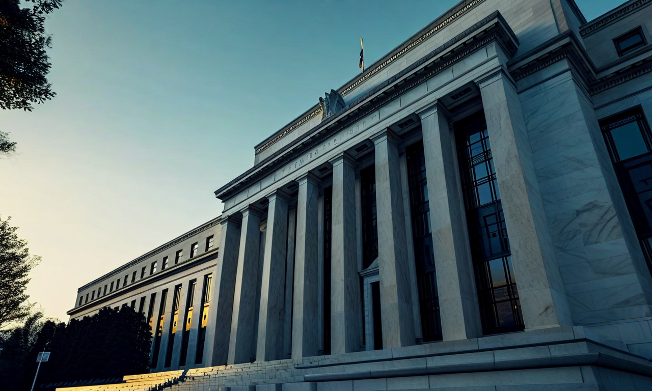Federal Reserve building with abstract flowing lines and data visualization elements representing monetary policy communication and market coordination