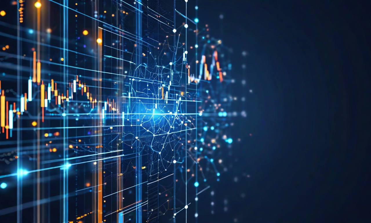 Abstract visualization showing the intersection of artificial intelligence technology and economic indicators, with digital neural networks meeting market volatility graphs in a sophisticated business composition