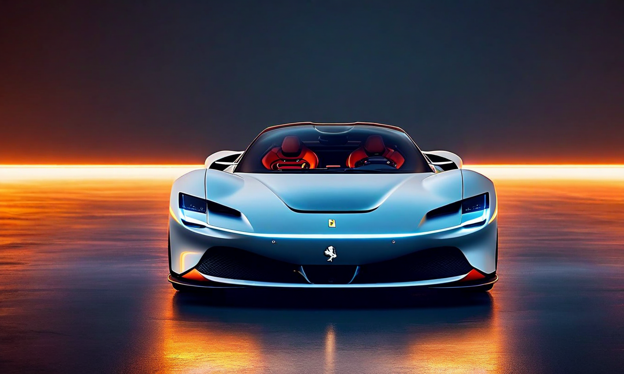 Split composition image showing contrast between electric Ferrari vehicle with modern blue lighting on one side and traditional combustion engine elements with warm amber glow on the other, representing the tension between heritage and innovation
