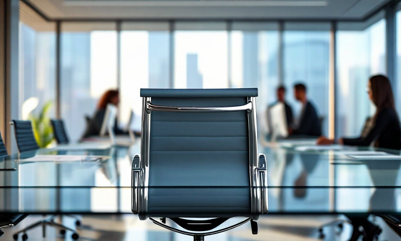 An empty executive chair at a modern conference table in a tech company office, symbolizing leadership transition, with blurred office workers in the background continuing operations