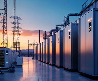 Large-scale battery energy storage systems at an industrial facility in the Iberian Peninsula, showing rows of battery containers and power infrastructure with workers installing equipment during sunset