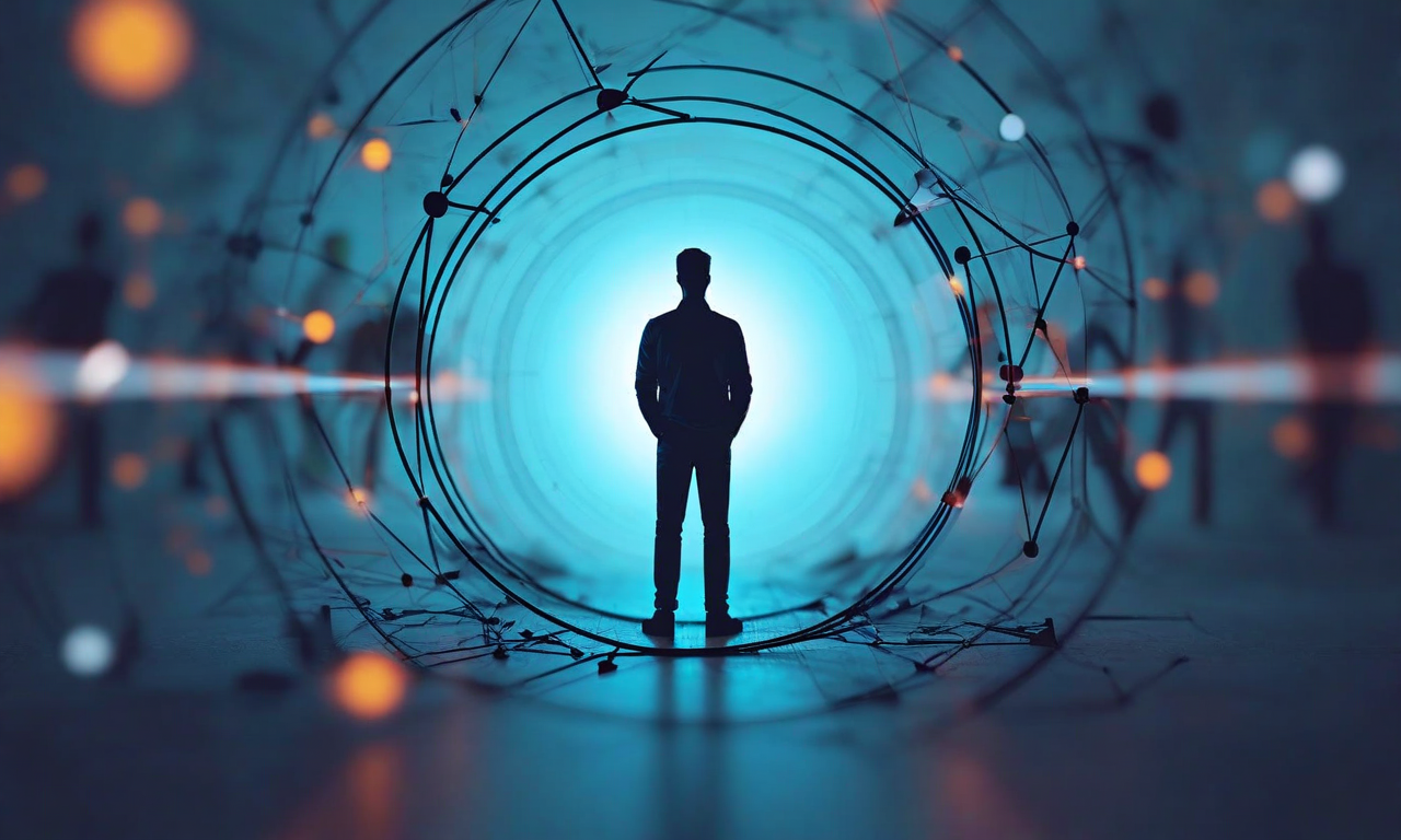 デザインエンジニアが組織内で孤立している状況を表現した抽象的なビジュアル。中央に一人の人物が立ち、左右にデザインチームとエンジニアリングチームの輪郭が見える。人物の周囲には破断された通信線、不明確な接続、曖昧な空間が描かれており、組織内での立場の曖昧性、両チームへの複雑な帰属、そしてコミュニケーション断絶のリスクを視覚化している。