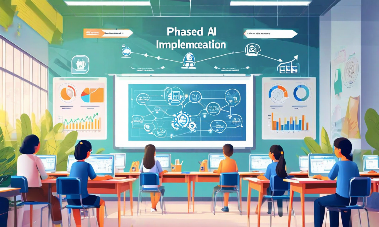 学校環境でのAI導入の段階的実装パターンを示す図。パイロット導入から始まり、教員トレーニング、段階的スケーリング、継続的改善へと進む4つのステージが円形に接続されており、各段階で教室でのAI活用シーンが描かれている。矢印とノードで進行と循環性を表現。