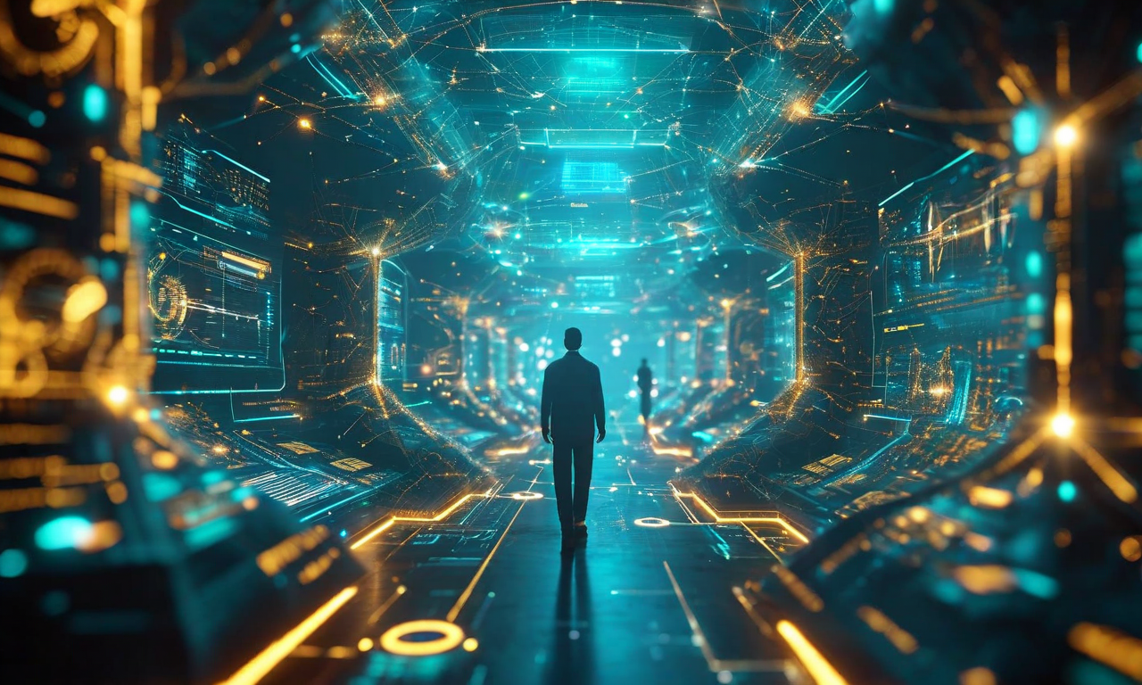 AI駆動型学習遠征の概念を表現した未来的なビジュアル。学習者が複数の相互接続されたシナリオパスを通じて進行し、意思決定ノードで分岐する様子を示している。認知的スキャフォルディングは層状の支援構造として、内発的動機付けは温かい光のエネルギーとして表現されている。デジタルホログラフィックインターフェースと有機的な成長パターンが融合した、探索と発見の感覚を持つ没入型デジタル学習環境。