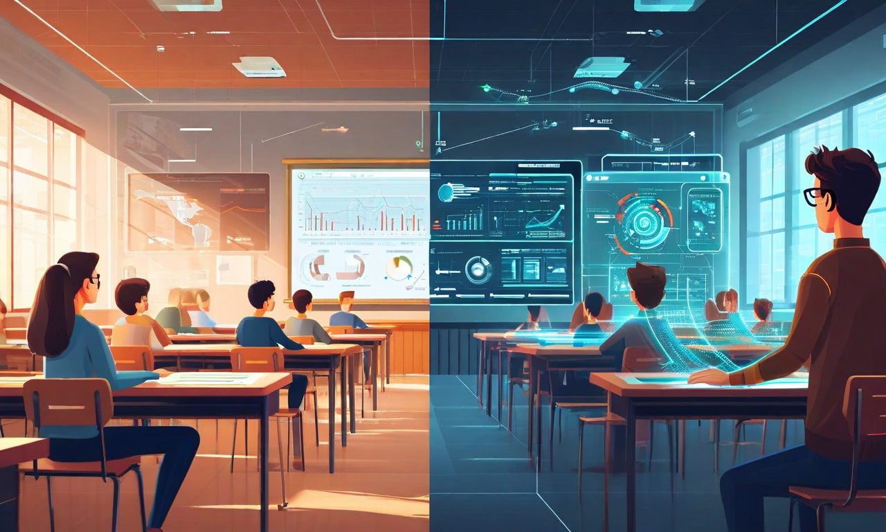 AI技術を活用した革新的な学習環境と従来の教育システムの対比を表現した画像。左側は従来の教室風景、右側は未来的なAI駆動型学習プラットフォームを示し、生徒とAIチューターの相互作用、ホログラフィックインターフェース、パーソナライズされた学習パス、デジタルスキル習得シーンが描かれている。