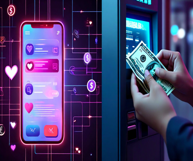 Split-screen illustration showing a smartphone with dating app on one side connected to an ATM cash withdrawal on the other, linked by digital money flow networks, representing romance scam operations
