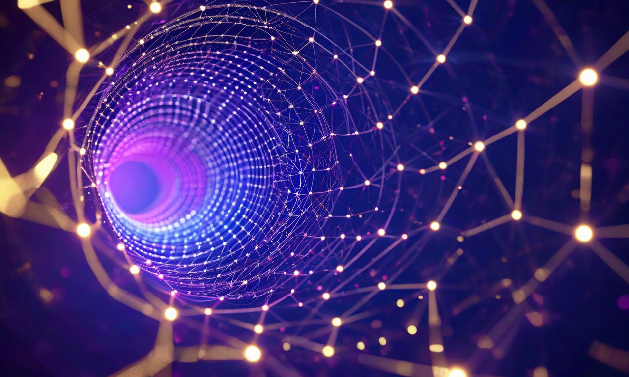 Abstract 3D visualization of rotating geometric structures and spiral patterns in blue and purple, representing rotational positional embeddings in high-dimensional space