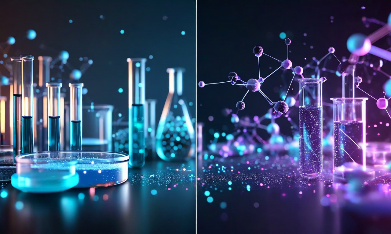 Split-screen visualization contrasting traditional laboratory drug discovery with test tubes and molecules on the left, and AI-powered computational drug discovery with glowing neural networks and digital molecular structures on the right, connected by flowing data streams