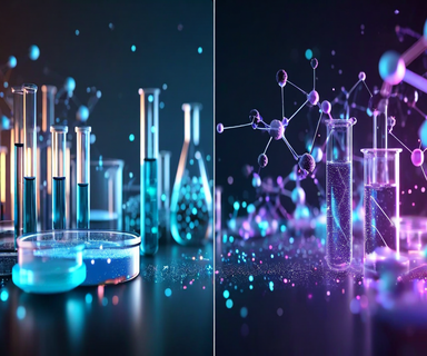 Split-screen visualization contrasting traditional laboratory drug discovery with test tubes and molecules on the left, and AI-powered computational drug discovery with glowing neural networks and digital molecular structures on the right, connected by flowing data streams