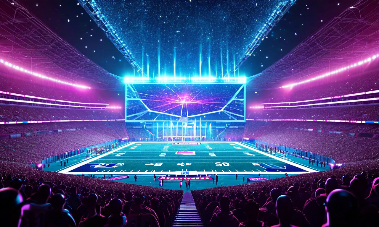 Split composition showing AI neural networks merging with a Super Bowl stadium screen, representing the intersection of artificial intelligence technology and mainstream advertising at the Big Game