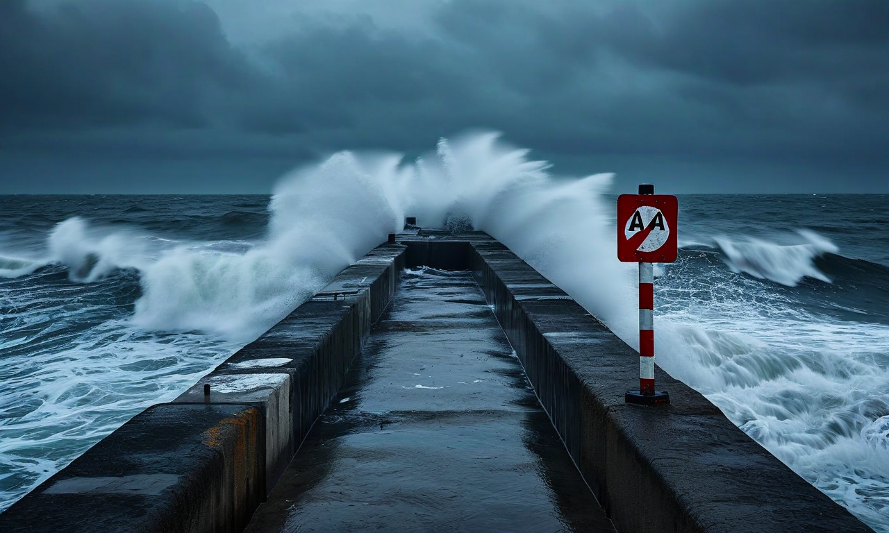 A concrete breakwater extending into rough ocean waters with warning signs in the foreground, illustrating maritime safety hazards and the dangerous conditions at coastal infrastructure