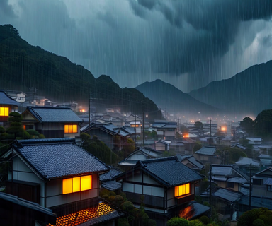 Early morning scene of a Japanese residential neighborhood during heavy rainfall with storm clouds, emergency warning lights, and hillside houses illustrating evacuation conditions during a severe weather event