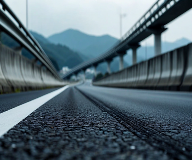 A detailed view of a Japanese expressway showing asphalt road surface and metal guardrails with mountains in the background, representing the forensic investigation scene of a traffic accident on the Ban-etsu Expressway