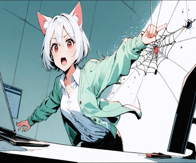 Neko-san がデスクの上でノードの一つを押すと、プラスとマイナスの紐でつながった他のノードたちが引き寄せられたり反発したりして揺れ動く様子。