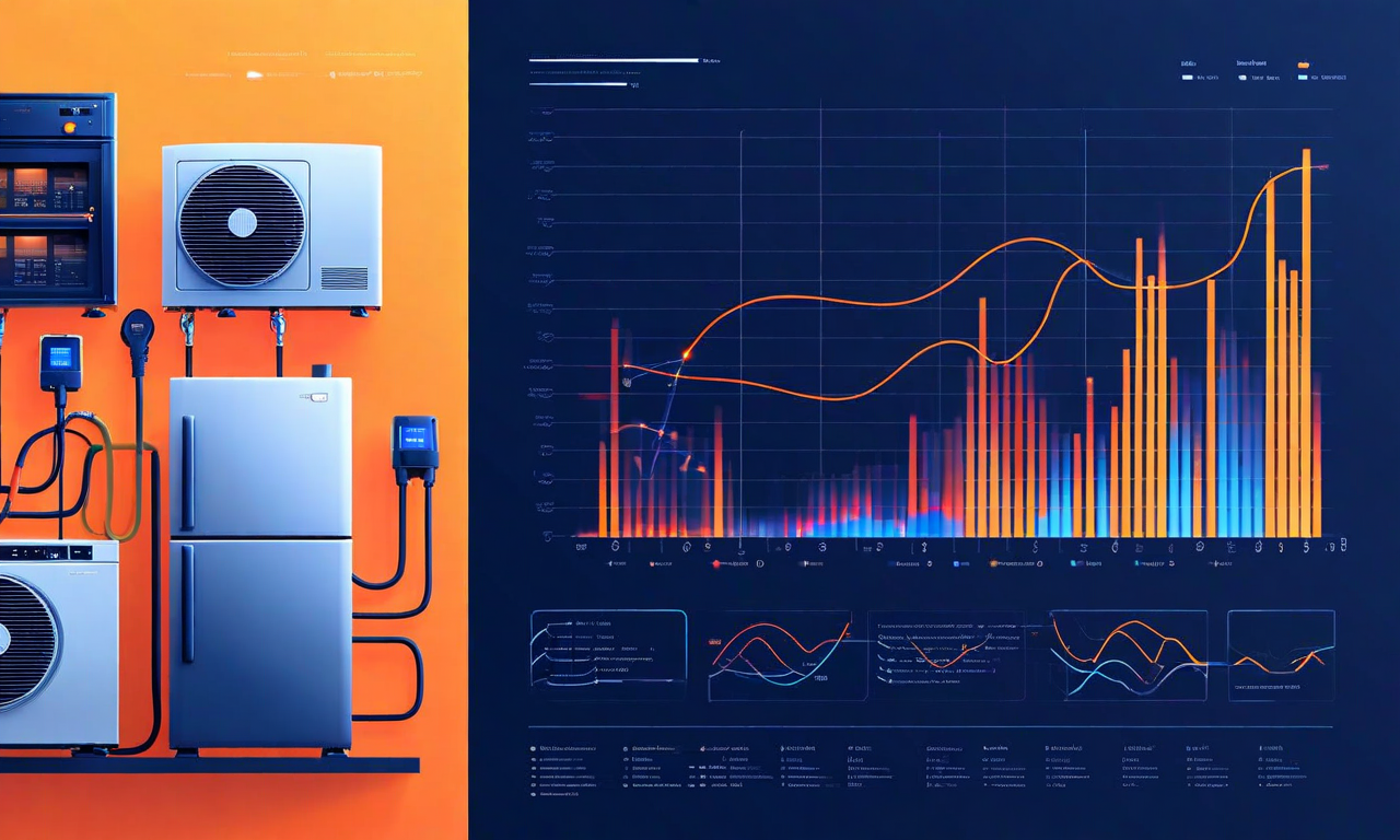 Split-screen illustration showing smart home appliances on the left connected to electrical load curve graphs on the right, with energy flow lines demonstrating demand-side management and load shifting from peak to off-peak periods