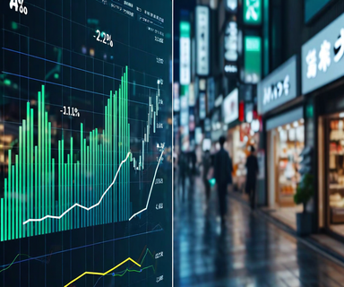Split composition image depicting Japan's GDP growth with rising financial charts on one side contrasted against subdued domestic consumption imagery on the other, illustrating economic expansion driven by factors other than consumer spending