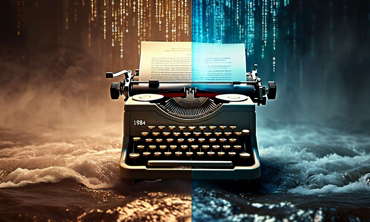 Split composition showing a vintage typewriter representing Orwell's 1984 on one side and cascading streams of digital content representing AI-generated information overload on the other, blending together in the center
