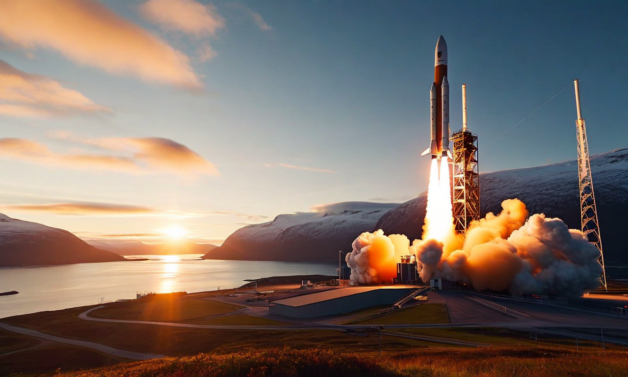 A commercial rocket launching from a Norwegian coastal facility, ascending through clouds with the Nordic landscape and fjords visible in the background, representing Europe's first private orbital launch