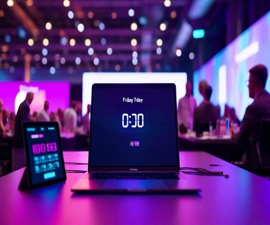 Modern tech conference scene with laptop displaying countdown timer in foreground and blurred networking event with professionals and startup displays in background, conveying urgency and opportunity for TechCrunch Disrupt 2026 registration