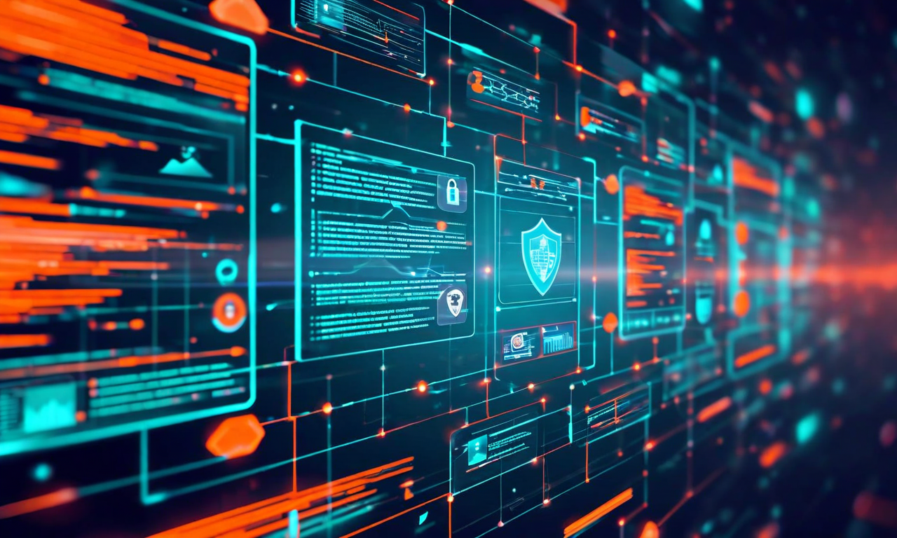 Illustration of disconnected digital tools and AI systems with fragmented screens showing code, security, and deployment elements separated by gaps, representing siloed DevSecOps workflows lacking unified context