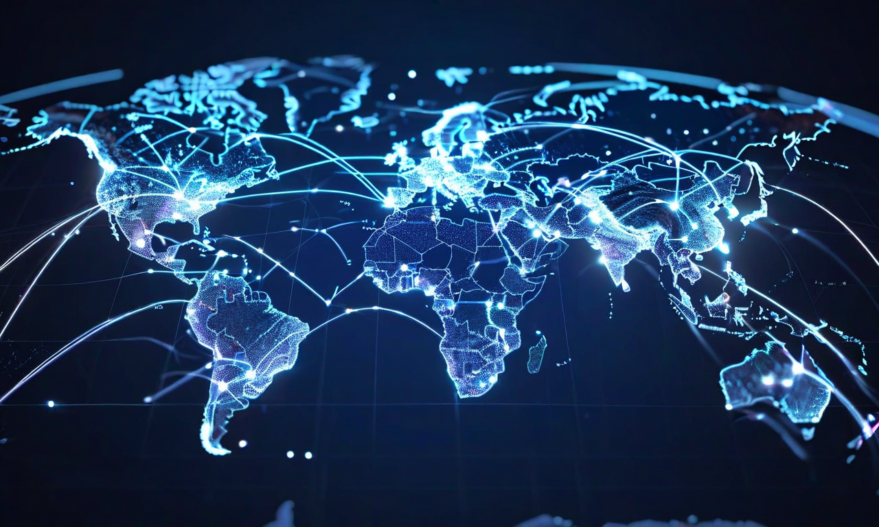 Three-dimensional world map visualization with glowing nodes representing major technology job markets, connected by luminous lines showing global software engineering employment networks across cities like San Francisco, Seattle, New York, London, Singapore, Toronto, Austin, and Berlin