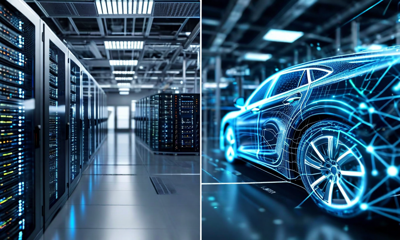 Split-screen visualization showing transition from traditional IT infrastructure on the left to AI and machine learning systems on the right, connected by flowing digital particles representing organizational workforce transformation