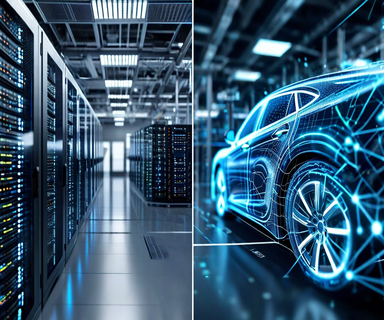 Split-screen visualization showing transition from traditional IT infrastructure on the left to AI and machine learning systems on the right, connected by flowing digital particles representing organizational workforce transformation