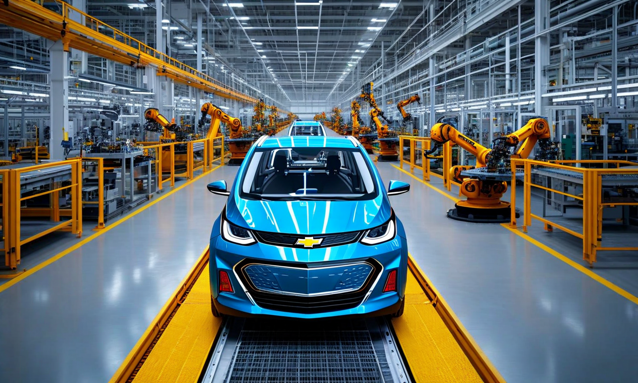 GM工場の生産転換を表現した産業施設のビジュアル。左側にはシボレー・ボルトEVの電動車生産ラインと最新のバッテリー製造設備が、右側には中国製ビュイック車の従来型自動車組立ラインが描かれている。中央には工場インフラ、ロボットアーム、コンベアシステム、作業ステーションが両生産タイプ間で転換する様子が示されている。俯瞰図の視点から工場フロアレイアウトの再編成を表現。