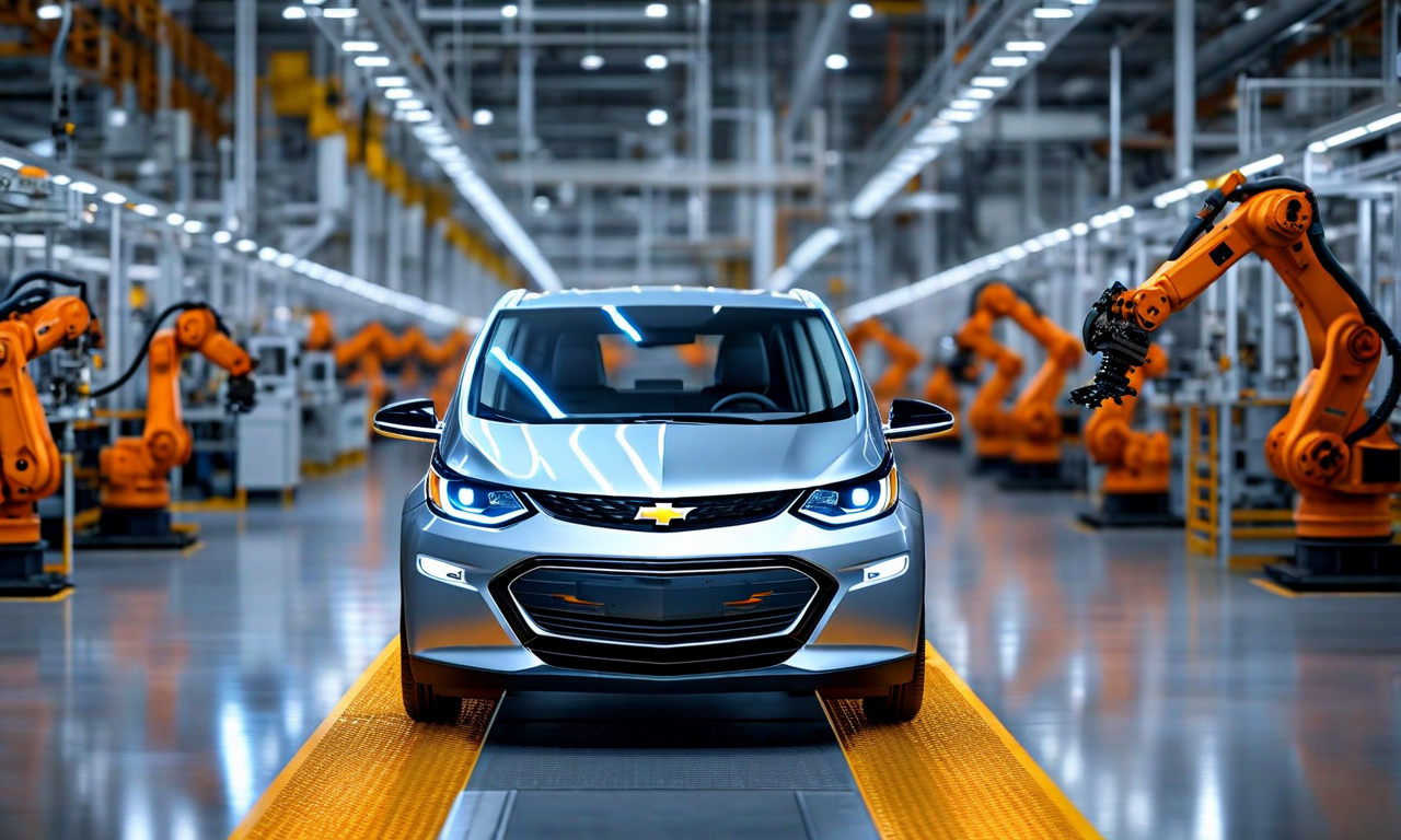 Split composition showing a Chevrolet Bolt EV on the left and a Buick luxury vehicle on the right, positioned in a modern automotive factory setting with manufacturing equipment, illustrating GM's production transition from electric vehicle to domestic Buick assembly