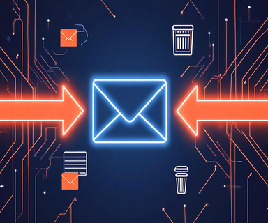Illustration of an email envelope with diverging paths leading to spam folder and inbox icons, connected by neural network patterns representing Gmail's machine learning filtering system