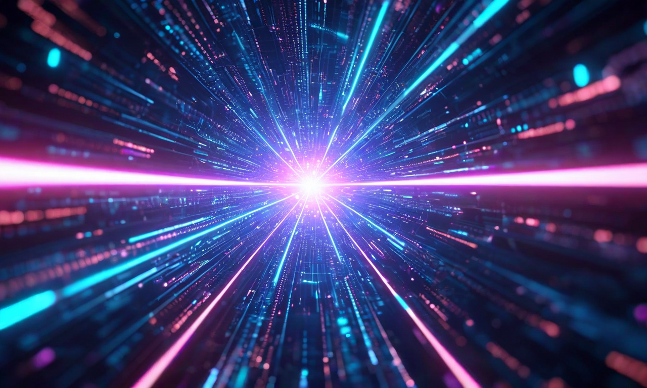 3つの光の流れが中央に集約される未来的なビジュアル。モデルの安定性、インフラコスト低下、競争圧力という3つの要因が収束し、組織がパイロットから本番運用へ移行する動的な転換点を表現している。深い青と紫、明るいシアンのアクセントで、前進と変革の勢いを強調。