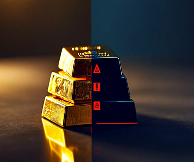 Split composition showing gold bars on one side and a shadowy phone with warning symbols on the other, representing the contrast between legitimate gold investment and phone-based fraud schemes
