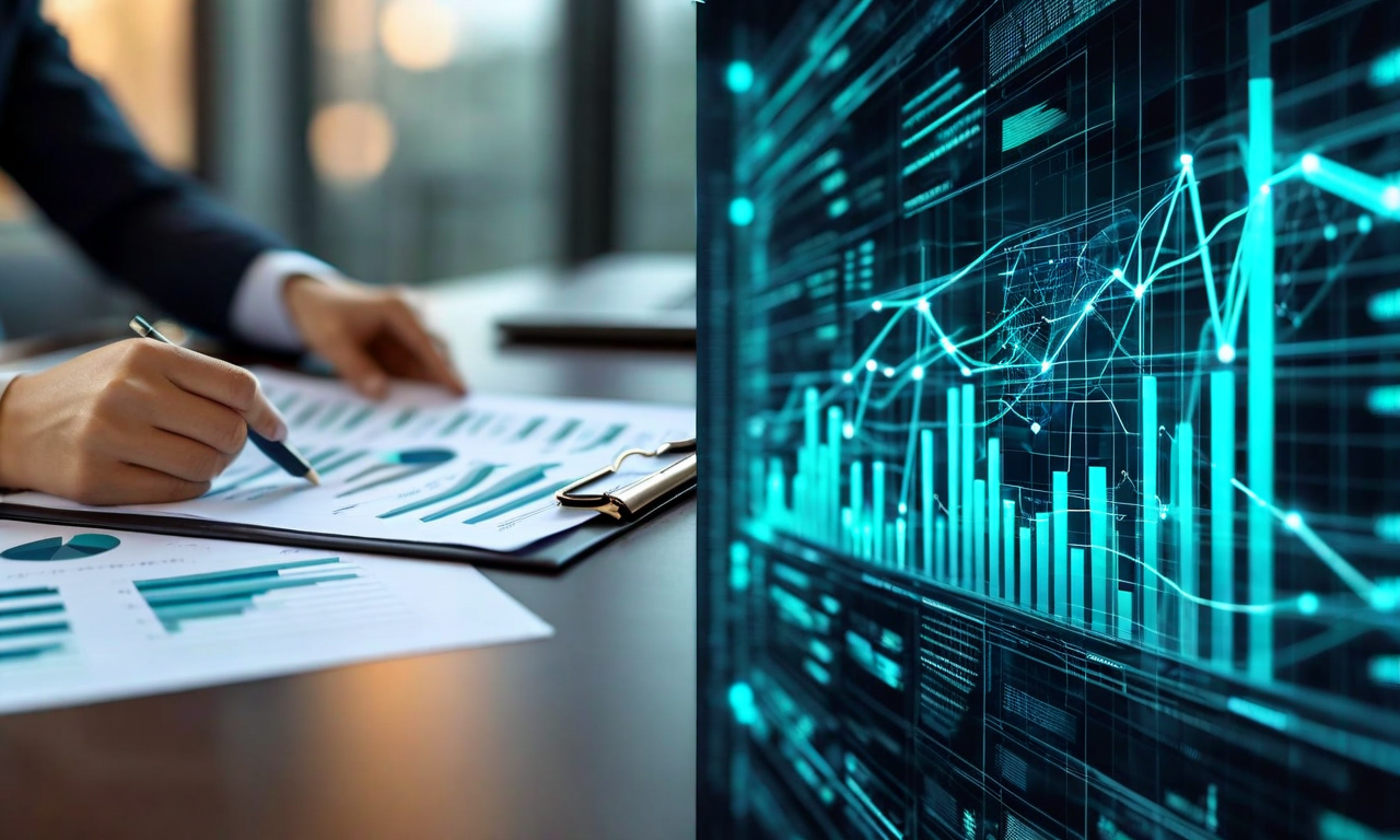 Split-screen image contrasting traditional financial analysis with documents and charts on the left, and AI-enhanced digital workspace with holographic data visualizations and neural network patterns on the right, connected by a gradient transition in a modern office setting