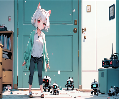 柵の外へ迷い出た小さなロボットたちが近所の家々のドアを次々と開けてしまい、驚く住人たちとその騒ぎに巻き込まれるNeko-sanのイラスト。