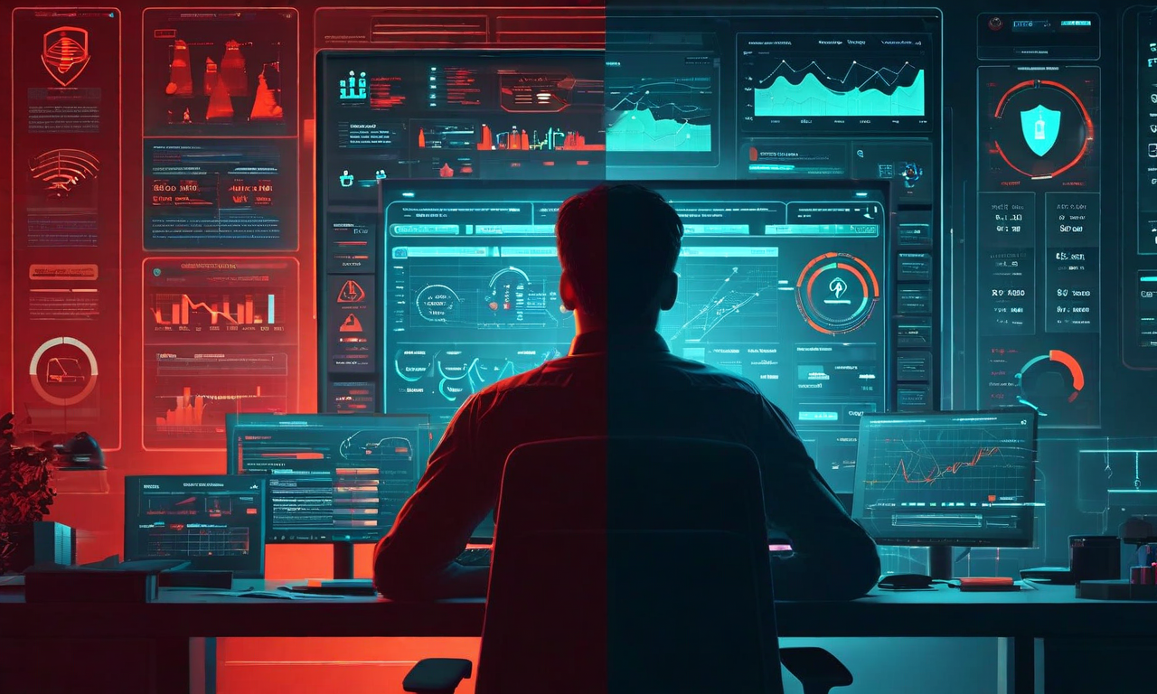 Split-screen illustration comparing traditional vulnerability scanning with overwhelming false positive alerts on the left versus AI-enhanced scanning with filtered, accurate threat detection on the right, connected by flowing data streams
