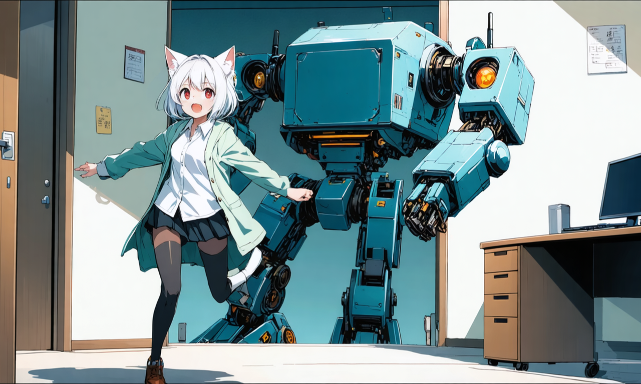積み木の家のひび割れを虫眼鏡で見つける道具箱ロボットと、それを物陰からのぞくキツネの絵。