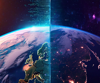 Split view of Earth from space showing a realistic satellite image on one side and a digitally distorted version with glitch effects on the other, representing AI-generated imagery concerns