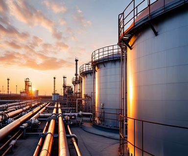 Industrial oil storage tanks at a petroleum reserve facility during morning hours, showing large cylindrical tanks and pipeline infrastructure representing strategic oil reserves