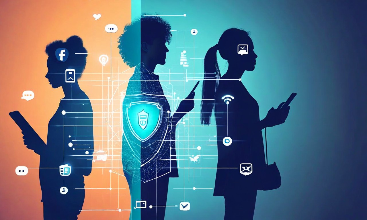 Conceptual illustration of a mobile device with protective elements and young person silhouettes, representing social media age restrictions and digital policy regulation